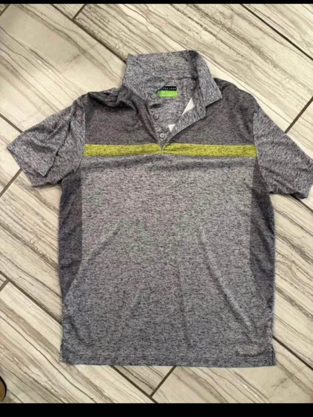 PGA Tour Gray Heather Polo with Lime Chest Stripe